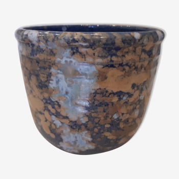 Earthenware pot cover, blue, fawn, grey décor.