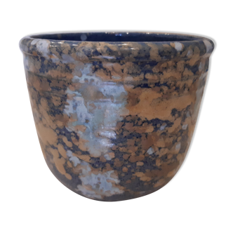 Earthenware pot cover, blue, fawn, grey décor.