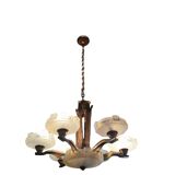Lustre Art Deco par Ezan avec verre opalescent et cuivre circa 1930
