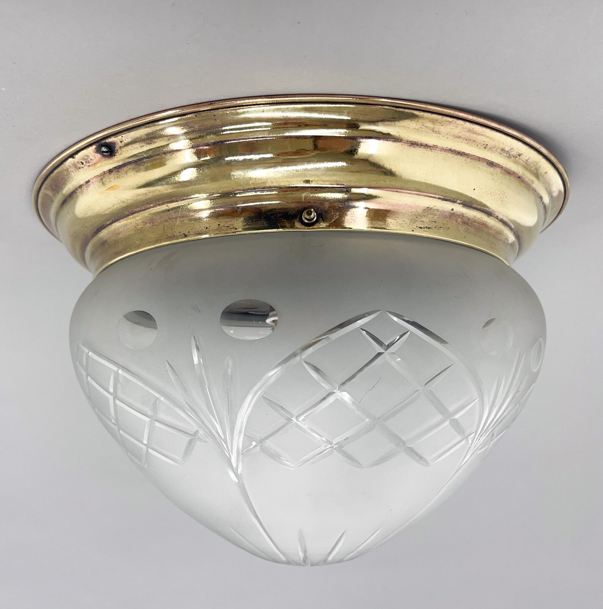 Art deco brass & cut glass flush mount, czechoslovakia