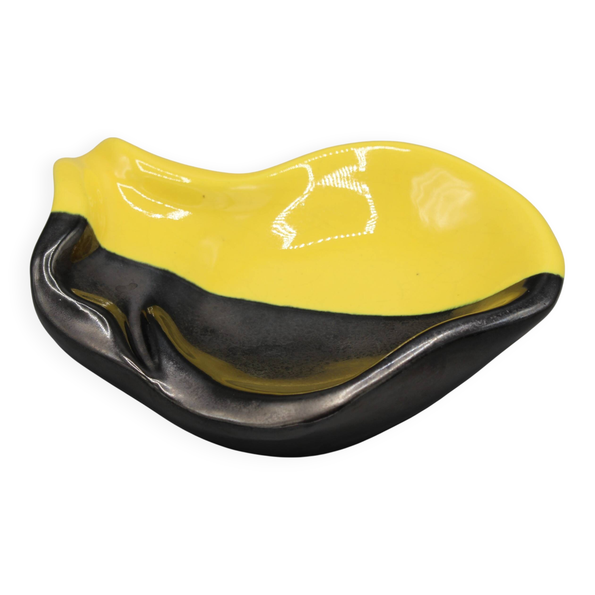 Old ceramic pocket empty ashtray vintage design black yellow dlg vallauris elchinger