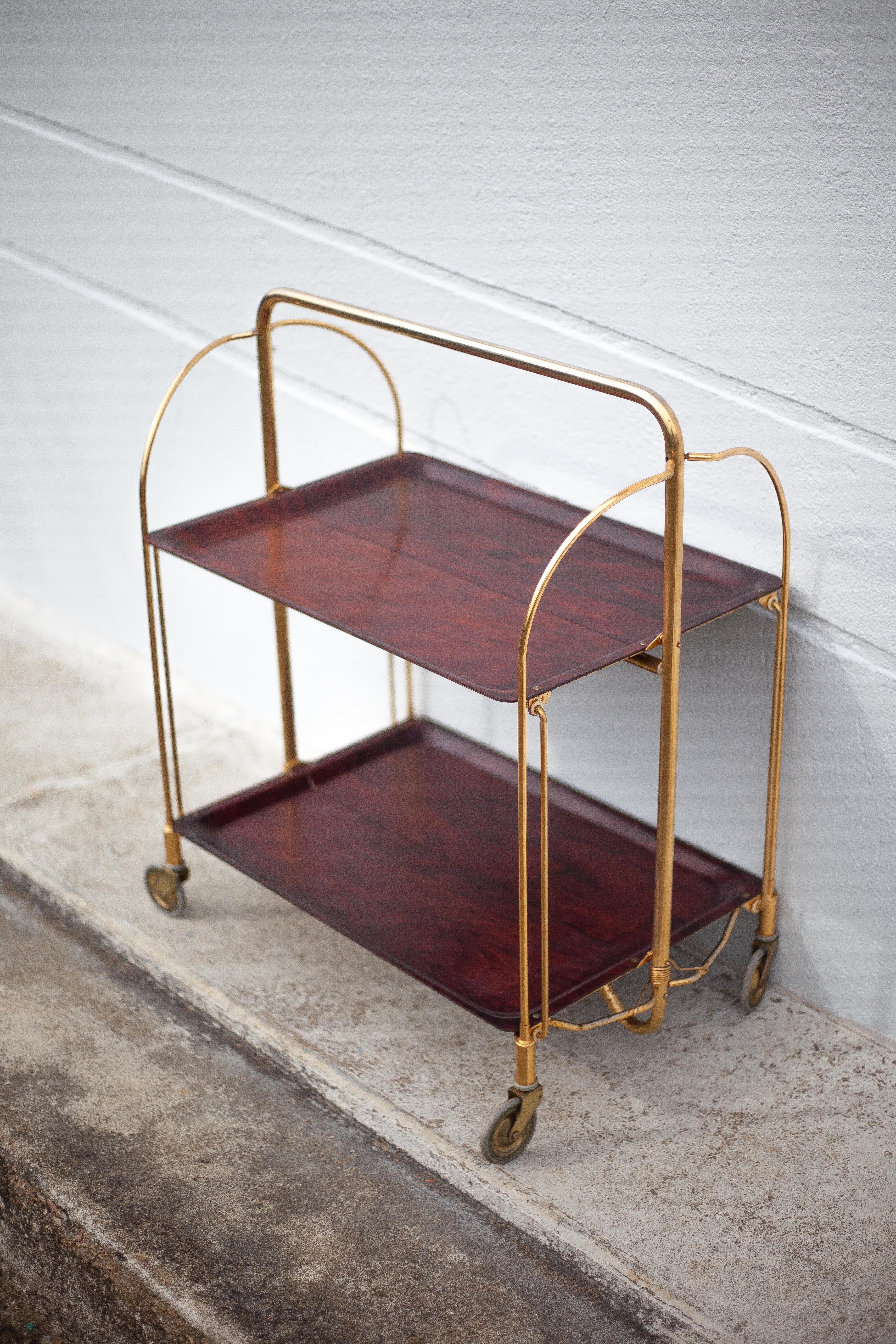 Vintage service, rolling bar, table, wheeled service, golden metal service, folding service