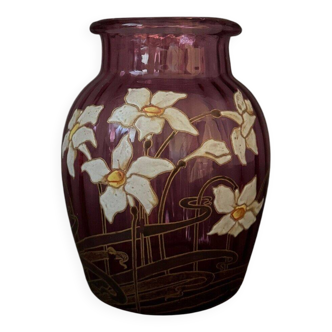 Vase émaillé Legras 1900 verre rose décor de jonquilles
