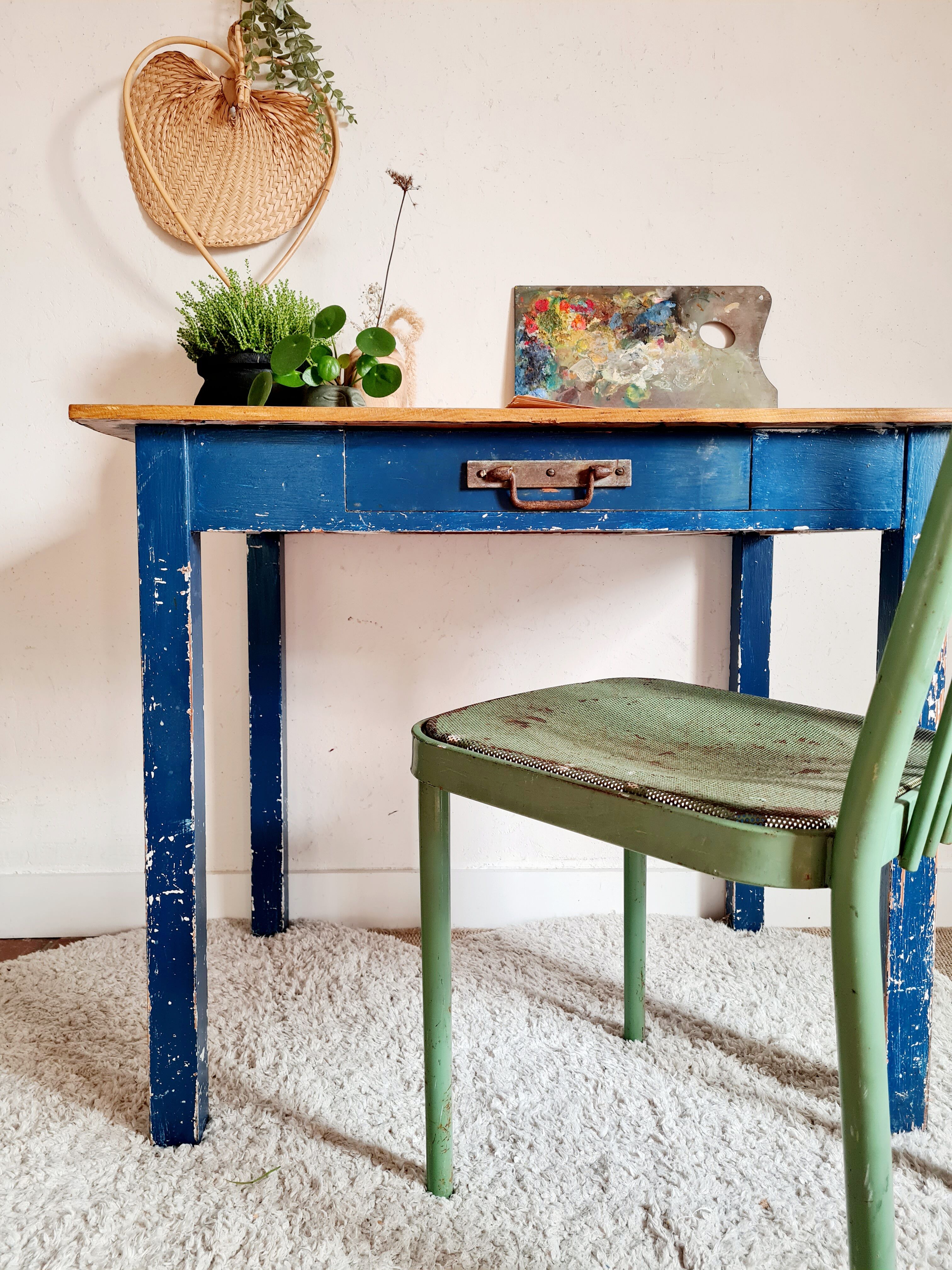 Ancient blue pie wooden workshop table