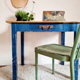 Ancient blue pie wooden workshop table
