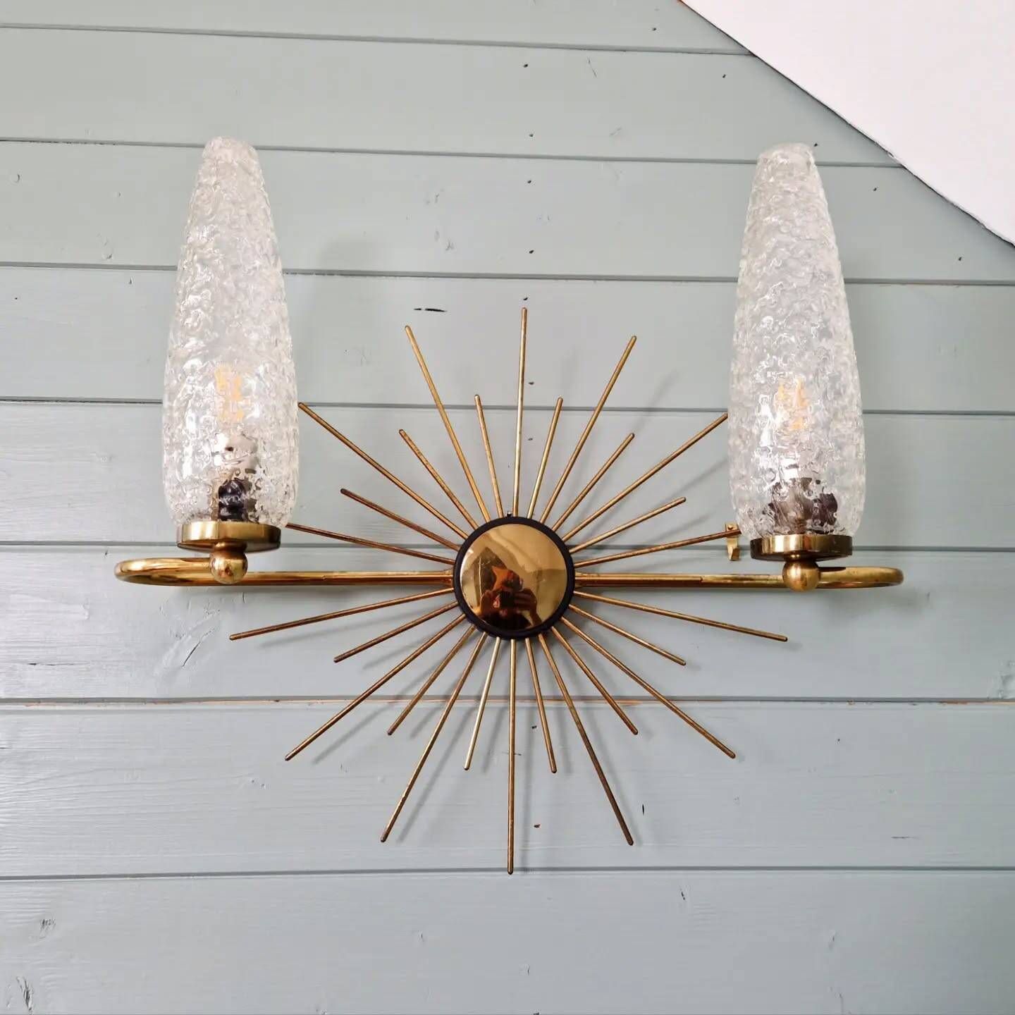 Wall lamp sun in brass and frosted glass (3 available), 1950