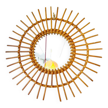 Miroir soleil en rotin tressé, années 60-70