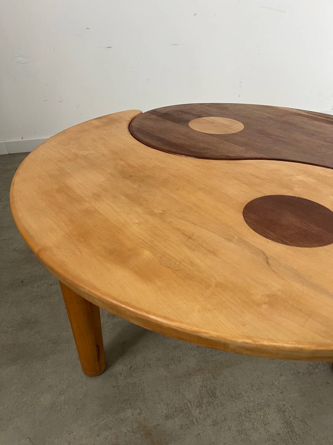 Solid wood coffee table with 2 Yin and Yang elements vintage 60s