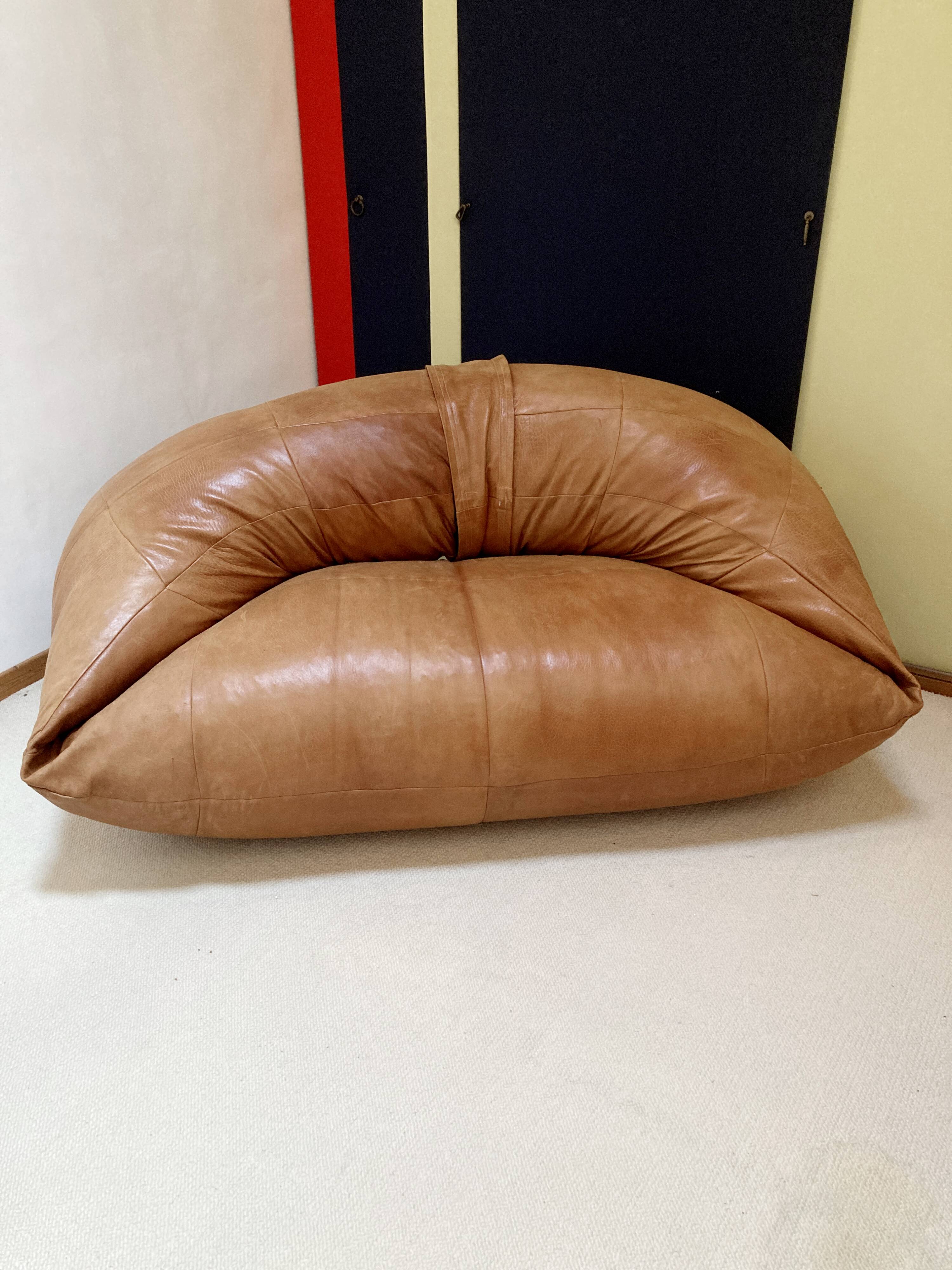 Two-seater leather pouf sofa by Raphaël Raffel for Honoré Paris