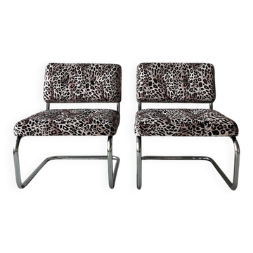Paire de chaises de salon cantilever en chrome des années 1970 | Rembourrées à neuf