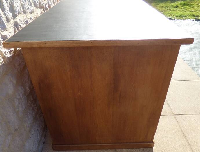 Large wooden desk with 5 drawers and a black faux leather top - Completely revamped.