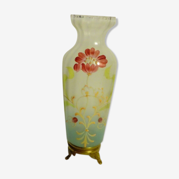 Glass vase emaille brass frame late 19 eme