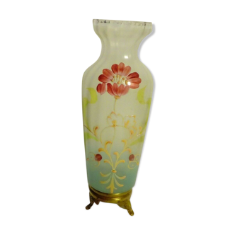 Vase en verre emaille monture laiton fin 19 eme