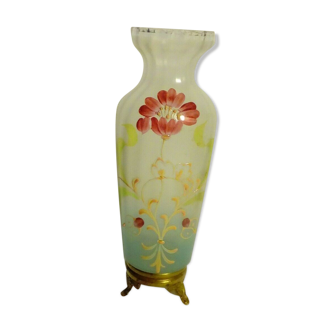 Glass vase emaille brass frame late 19 eme