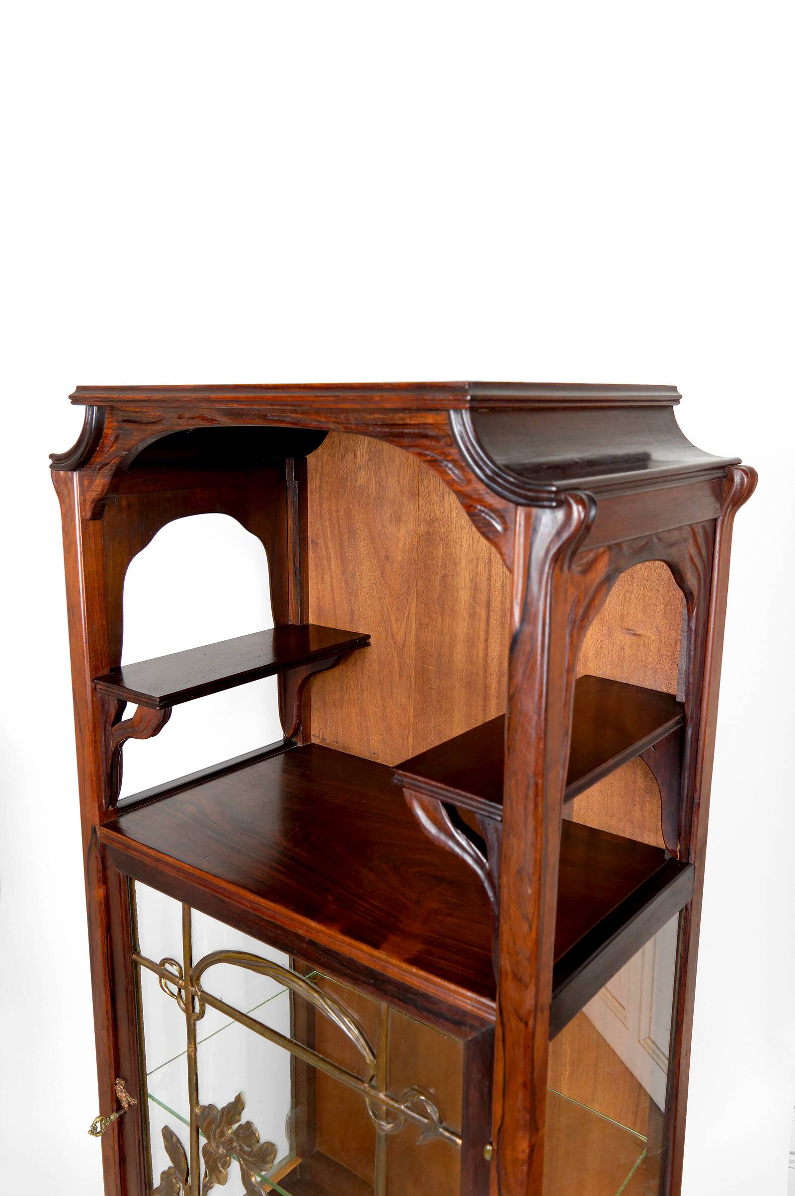 Art Nouveau Display Case, Bronzes and Carved Wood on a Lake Theme, 1900