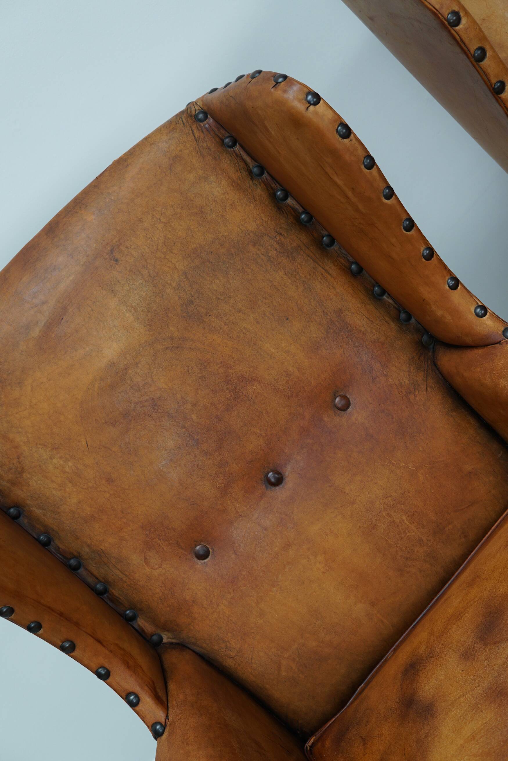 Old Patinated Dutch Cognac Colored Leather Club Chair, Set of 2