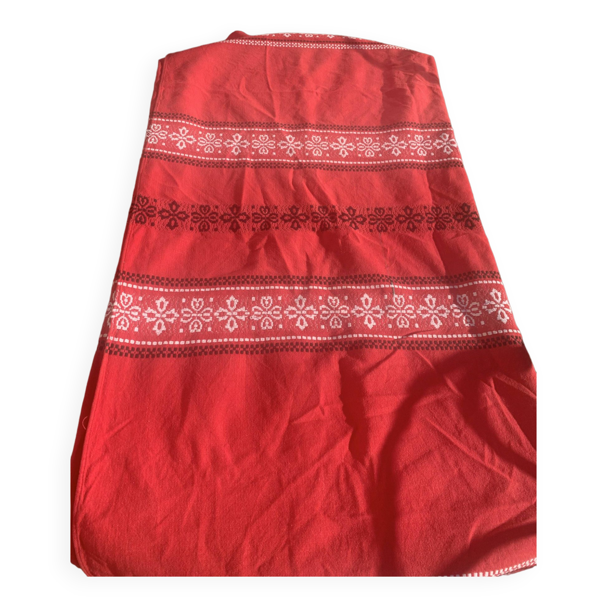 Rectangular tablecloth, Basque household linen in red cotton with black and white embroidery, vintage