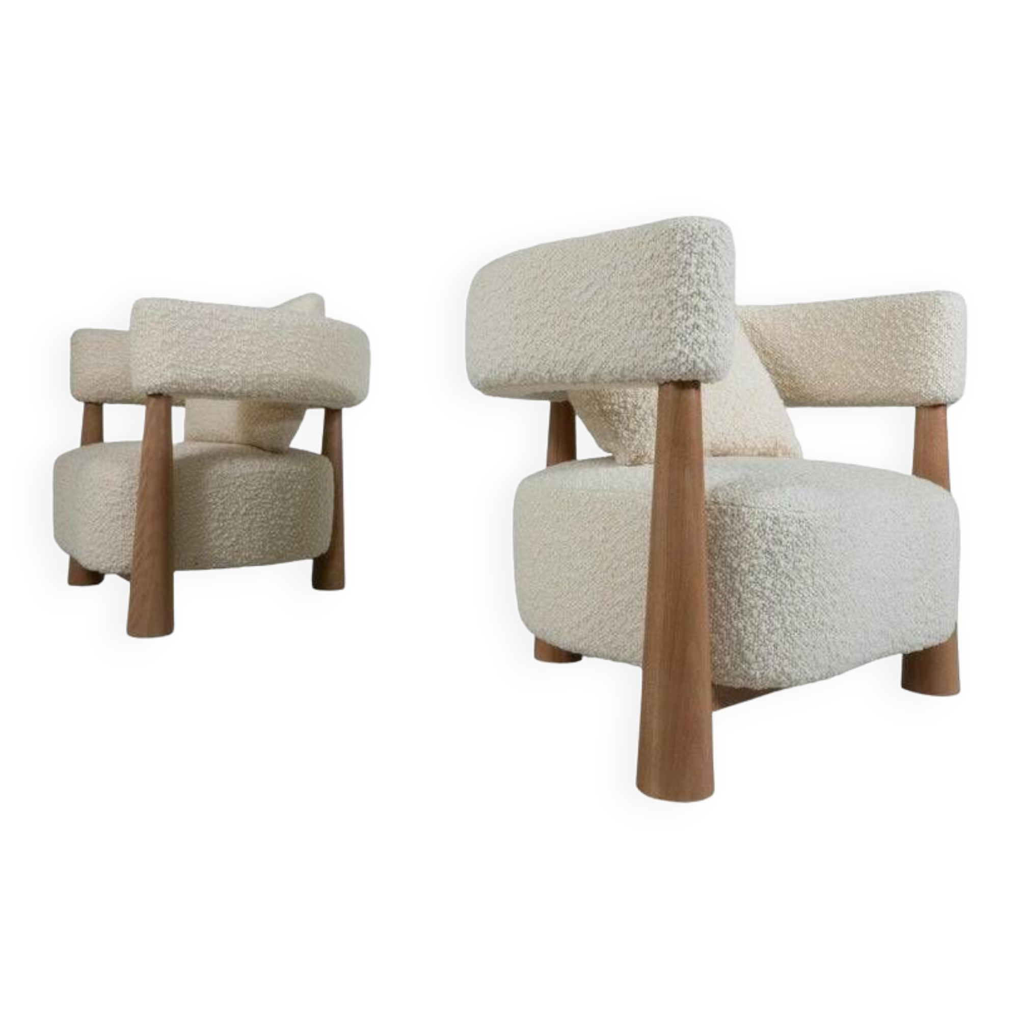 Contemporary Pair of Italian Armchairs, Wood and White Boucle Fabric