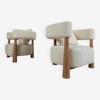 Contemporary Pair of Italian Armchairs, Wood and White Boucle Fabric