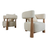 Contemporary Pair of Italian Armchairs, Wood and White Boucle Fabric