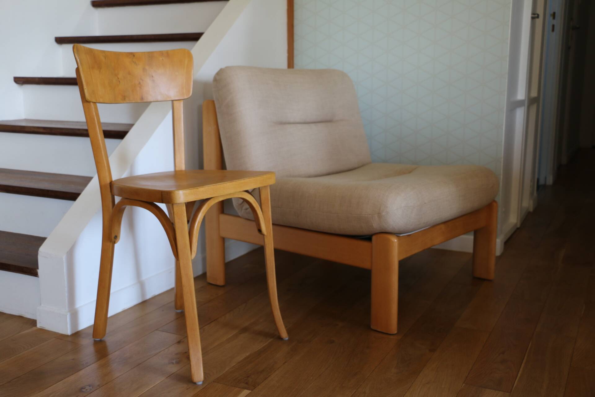 Pair of wood and fabric lounge chairs, 1980