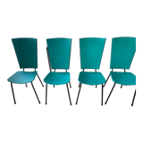 4 chaises années 60, assise et dossier vert anglais, chassis acier noir