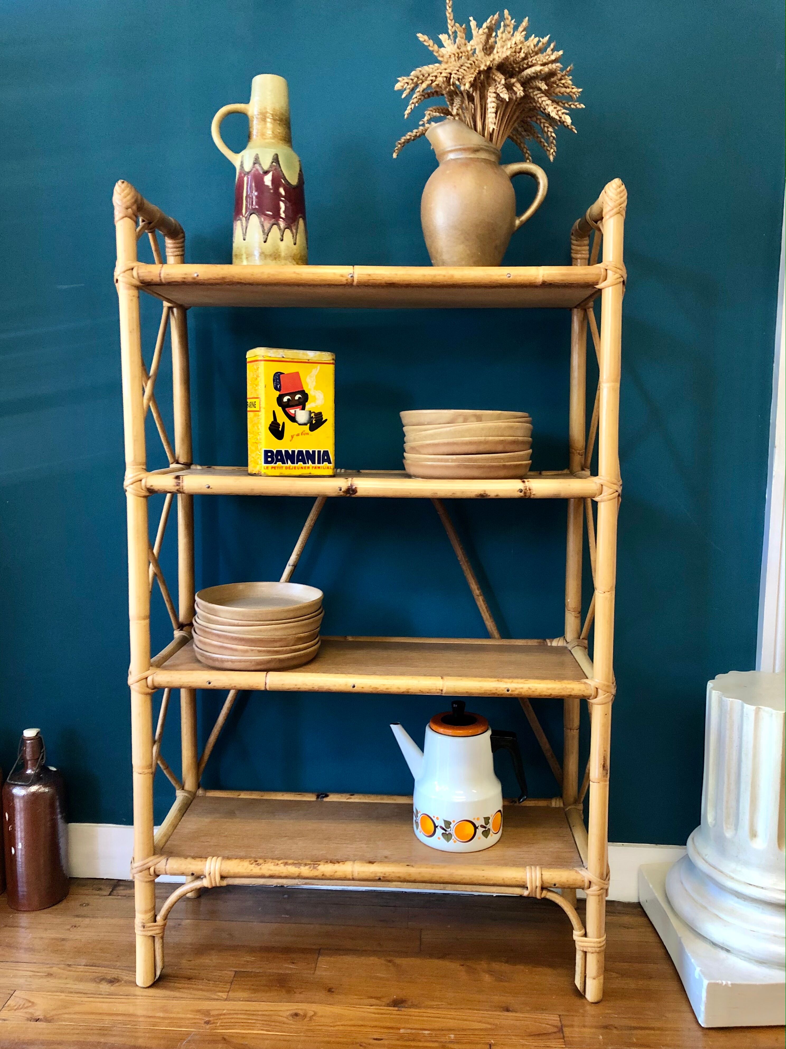 Rattan and bamboo shelf 70s