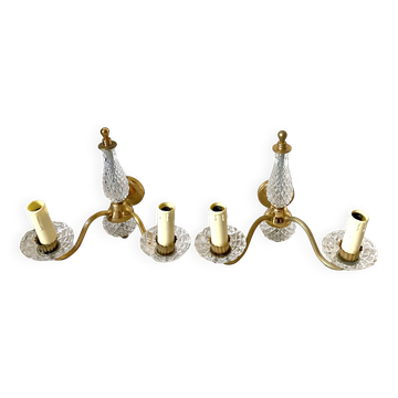 Pair of double glass and metal wall lights, 1960s