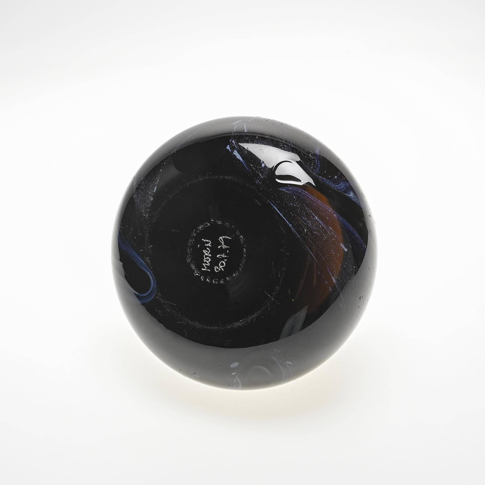 Brown blown glass vase with blue scrolls by Claude Morin, Dieulefit 1979