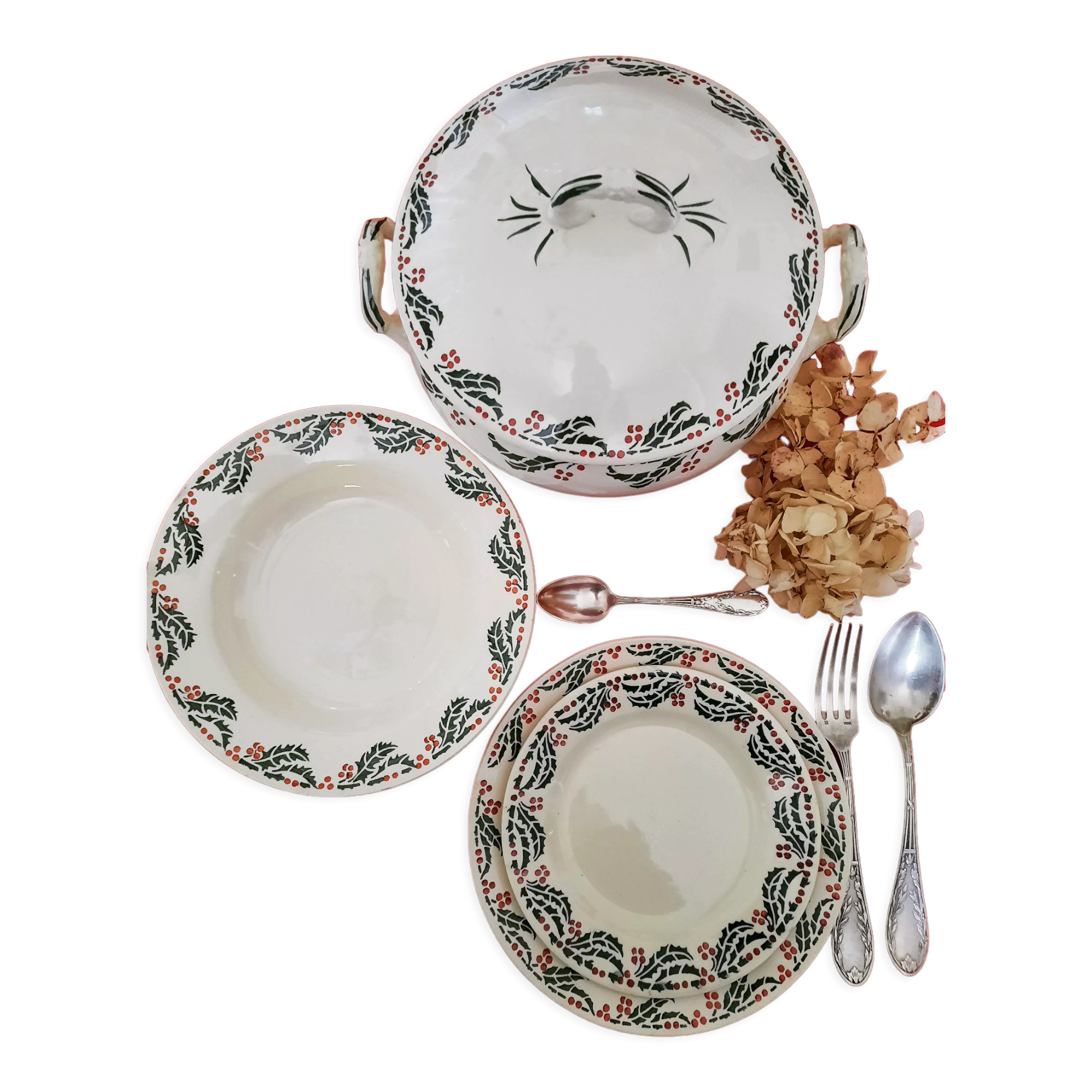 Flat, dessert, hollow plates and tureen in old earthenware