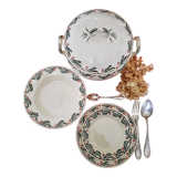 Flat, dessert, hollow plates and tureen in old earthenware