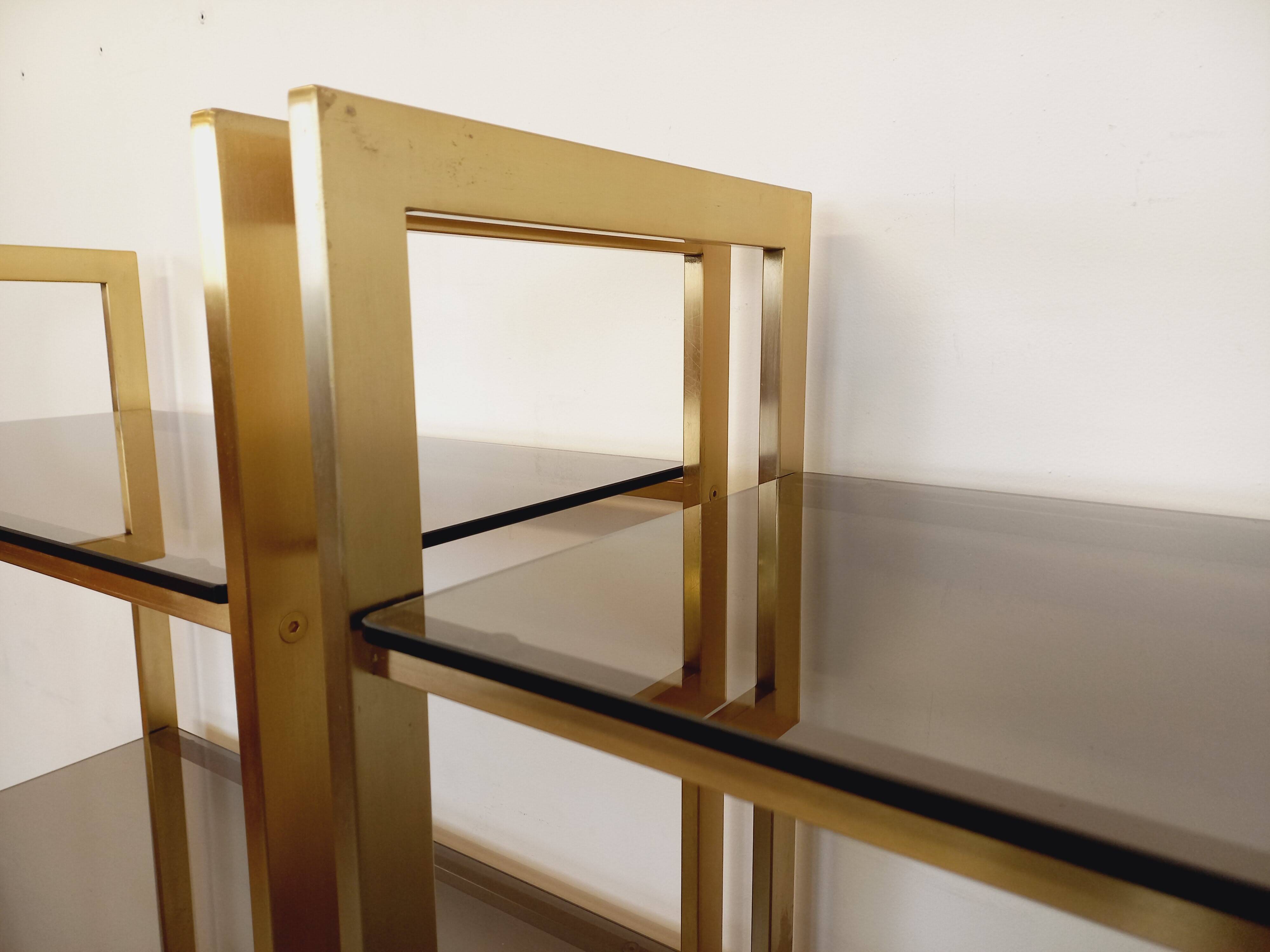 Artelano vintage bookcase shelves in gold metal smoked glass from the 70s