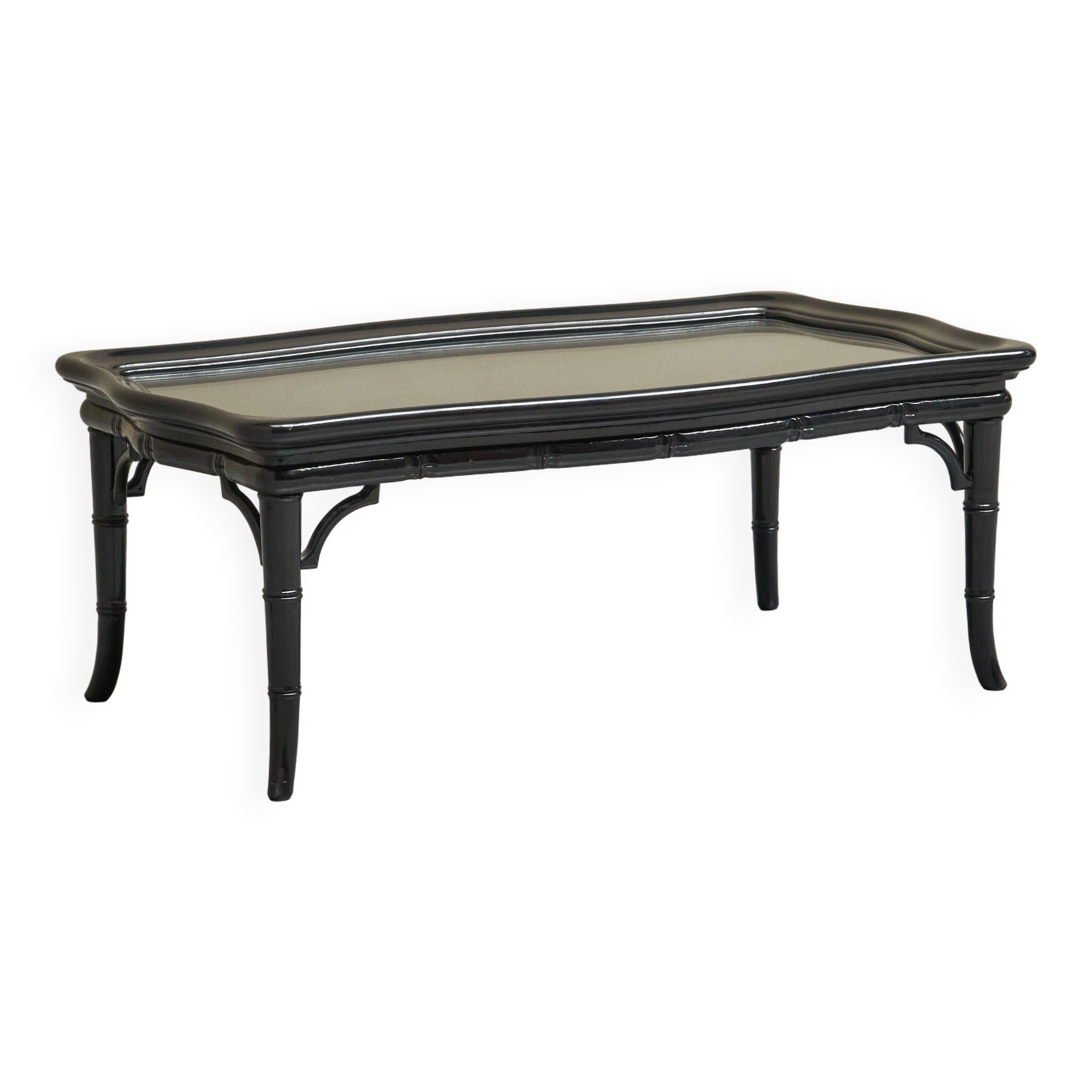 Coffee table in artificial bamboo, black lacquered wood and glass, 1960s.