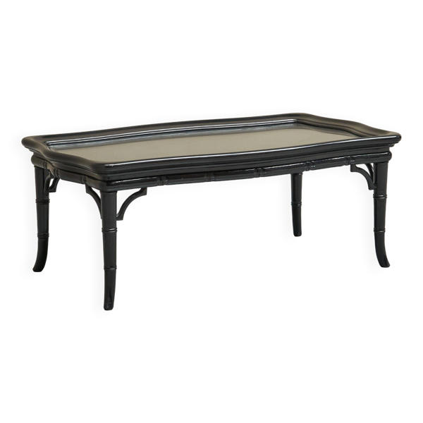 Table basse en bambou artificiel, bois laqué noir et verre, années 1960