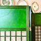 3-leaf screen in green wood, ecru paper and mirror