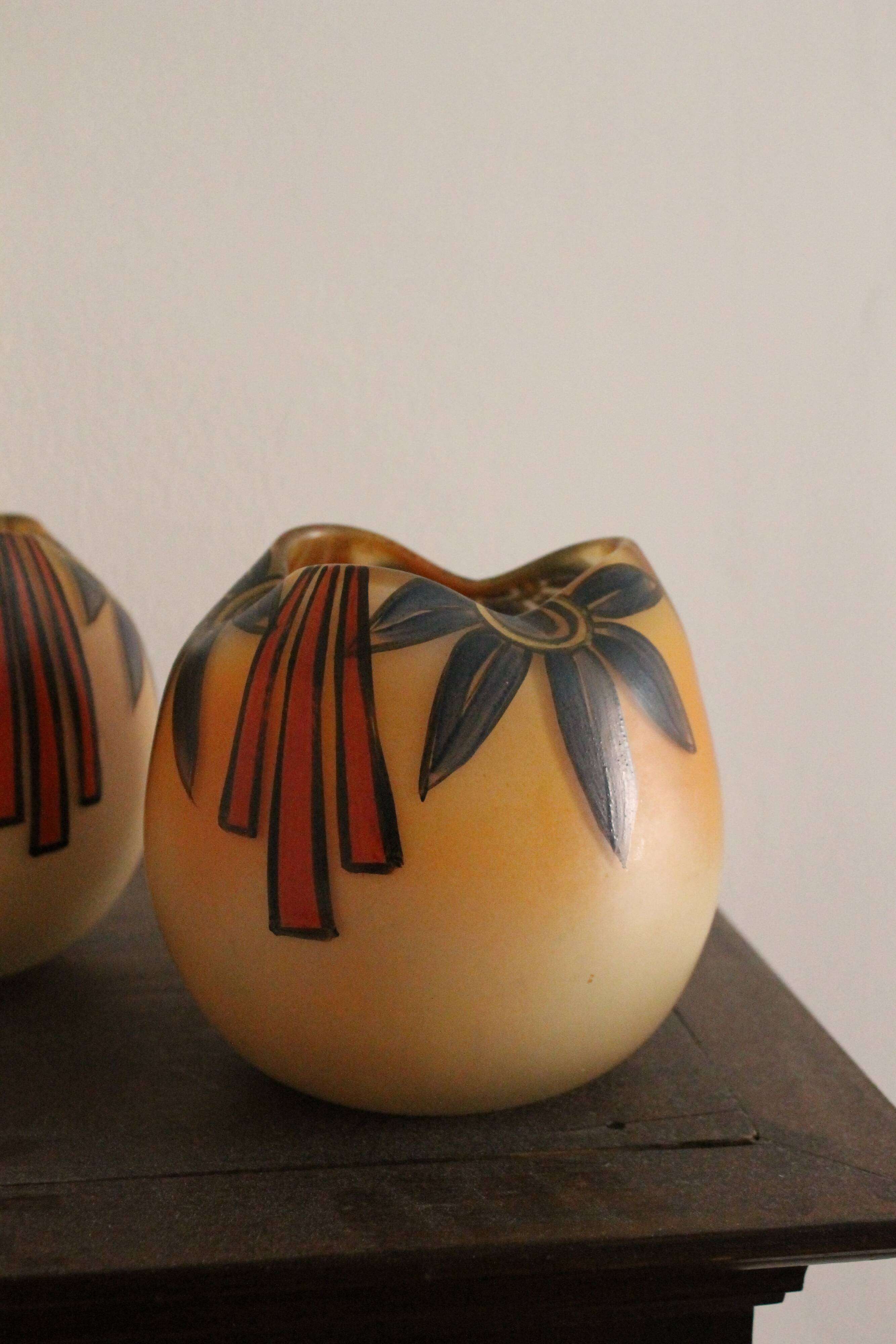 Pair of Legras Art Deco ball vases with orange tree decoration