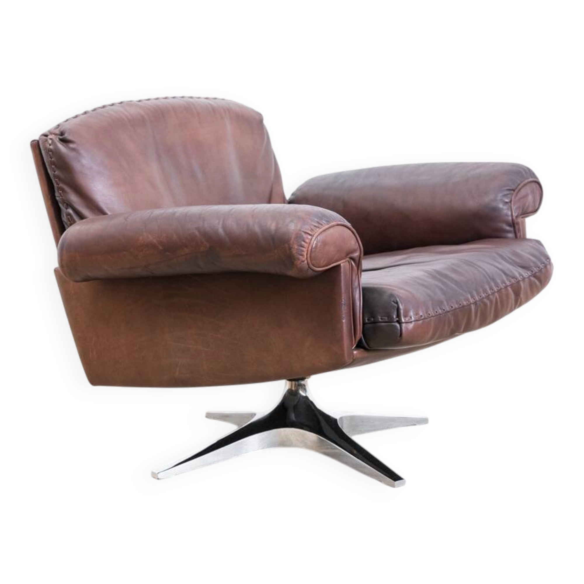 Brown leather swivel armchair by De Sede, model DS 31, 1960s, wine.