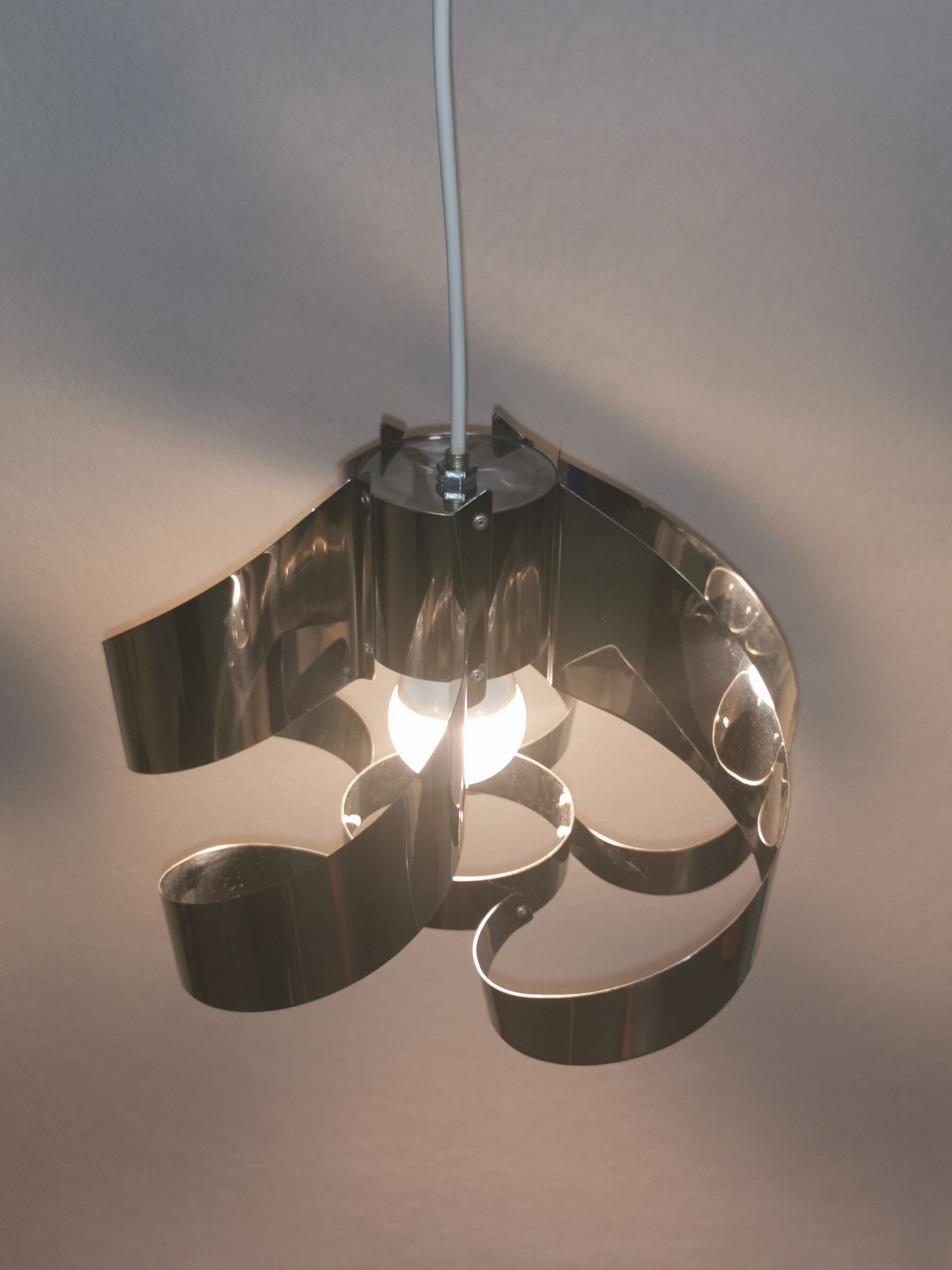 Curved stainless steel hanging lamp, Space Age, 1970