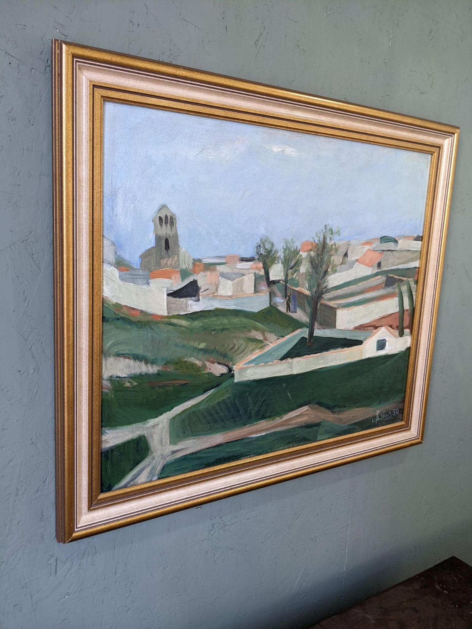 Mid-century modern swedish "slope" landscape, framed oil painting