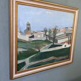 Mid-century modern swedish "slope" landscape, framed oil painting