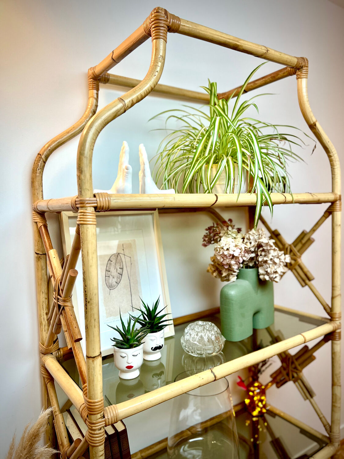 Rattan and glass shelf