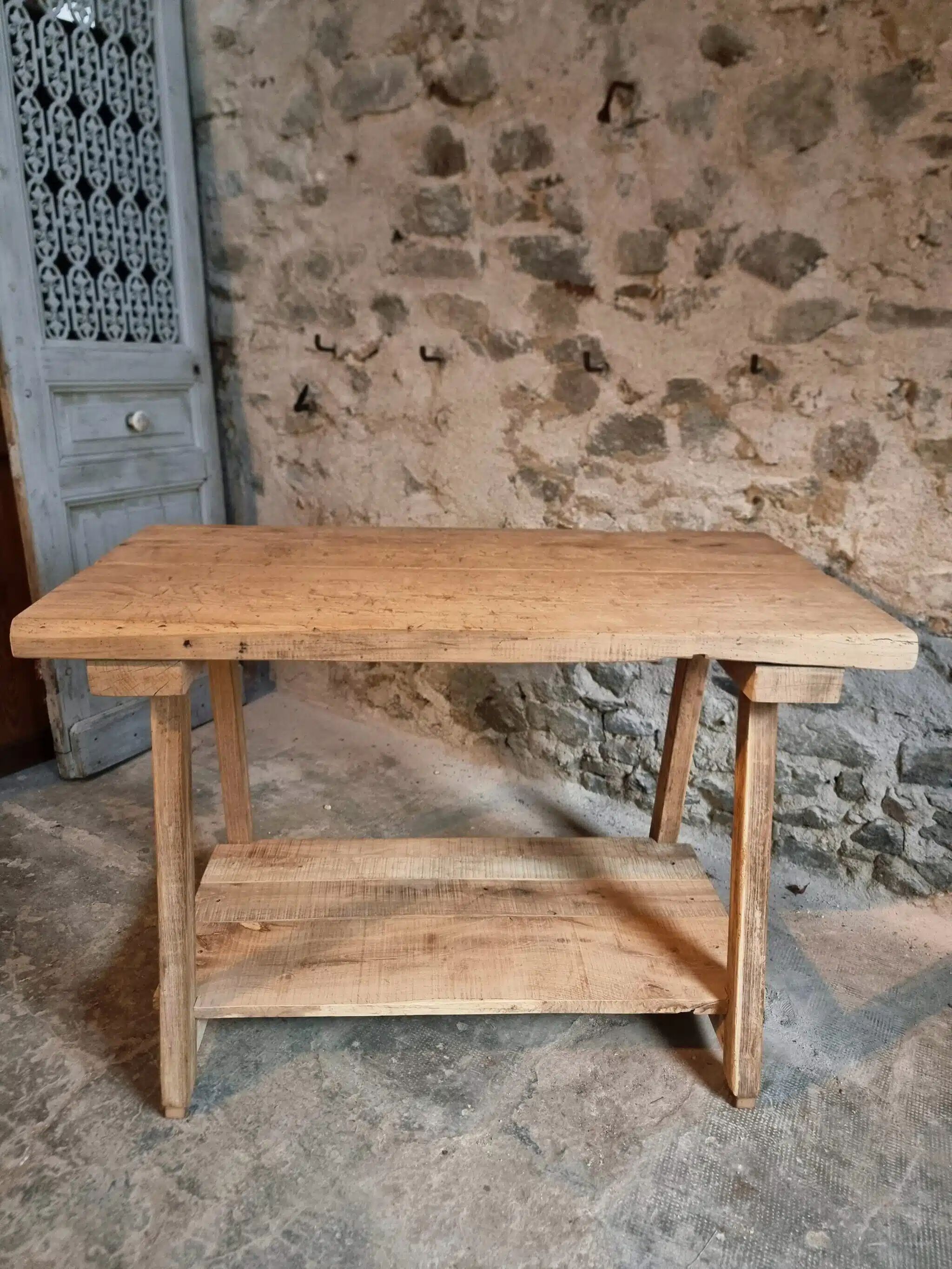 Old French work table / kitchen island / console, beech and chestnut, circa 1930–1950