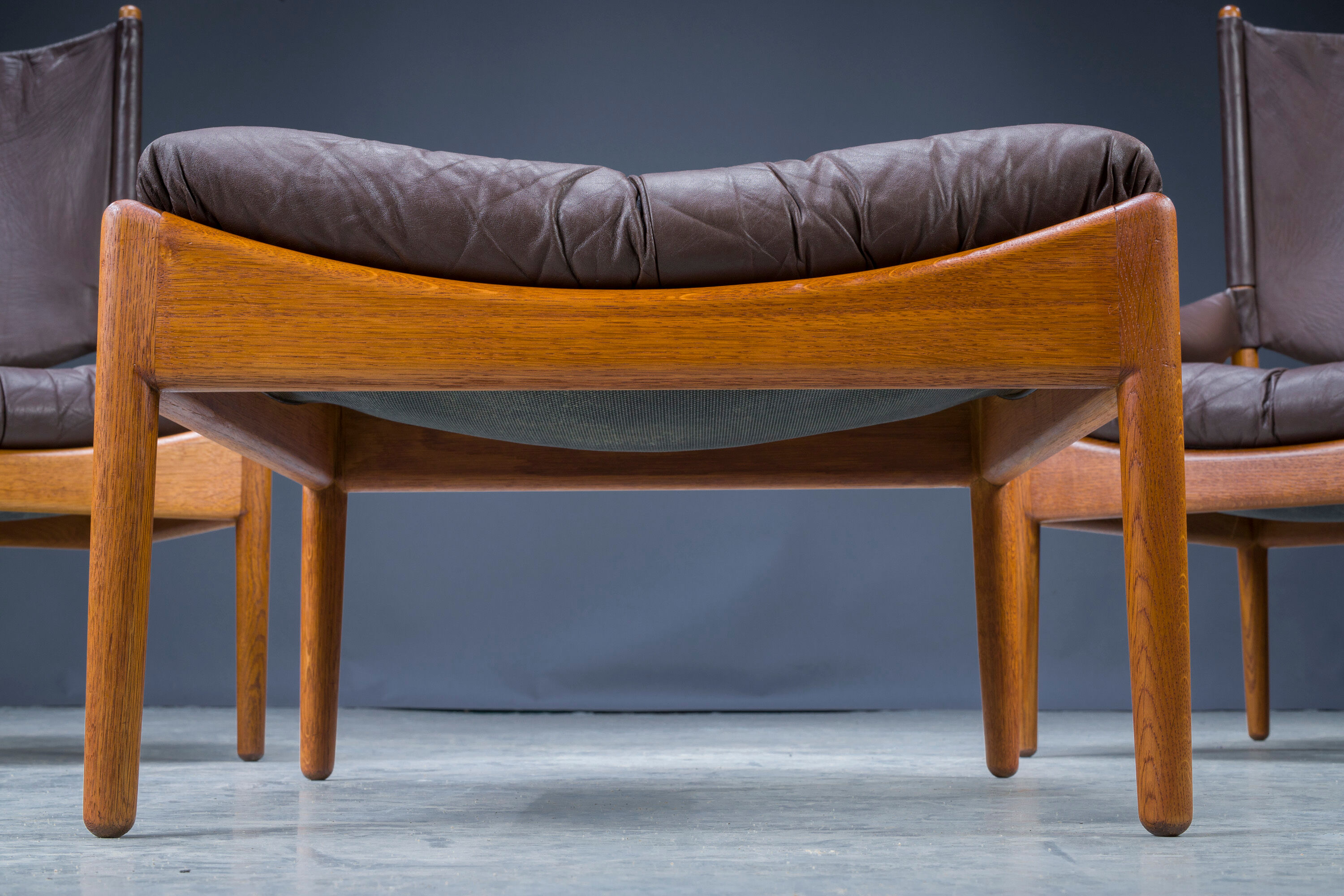 Mid-century danish oak and leather lounge chairs & ottoman by kristian vedel, 1960s, set of 3