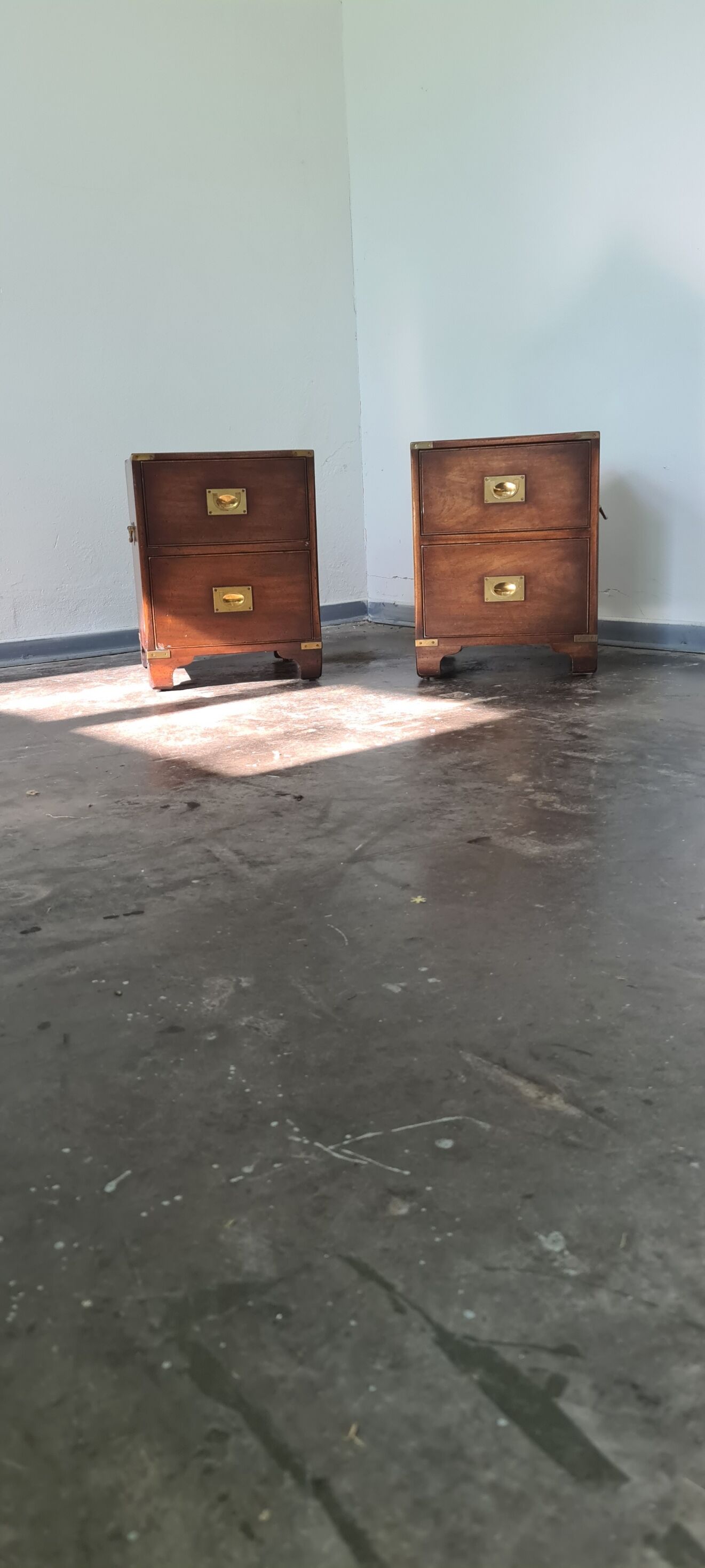 Pair of vintage military campaign wooden nightstands by reprodux england