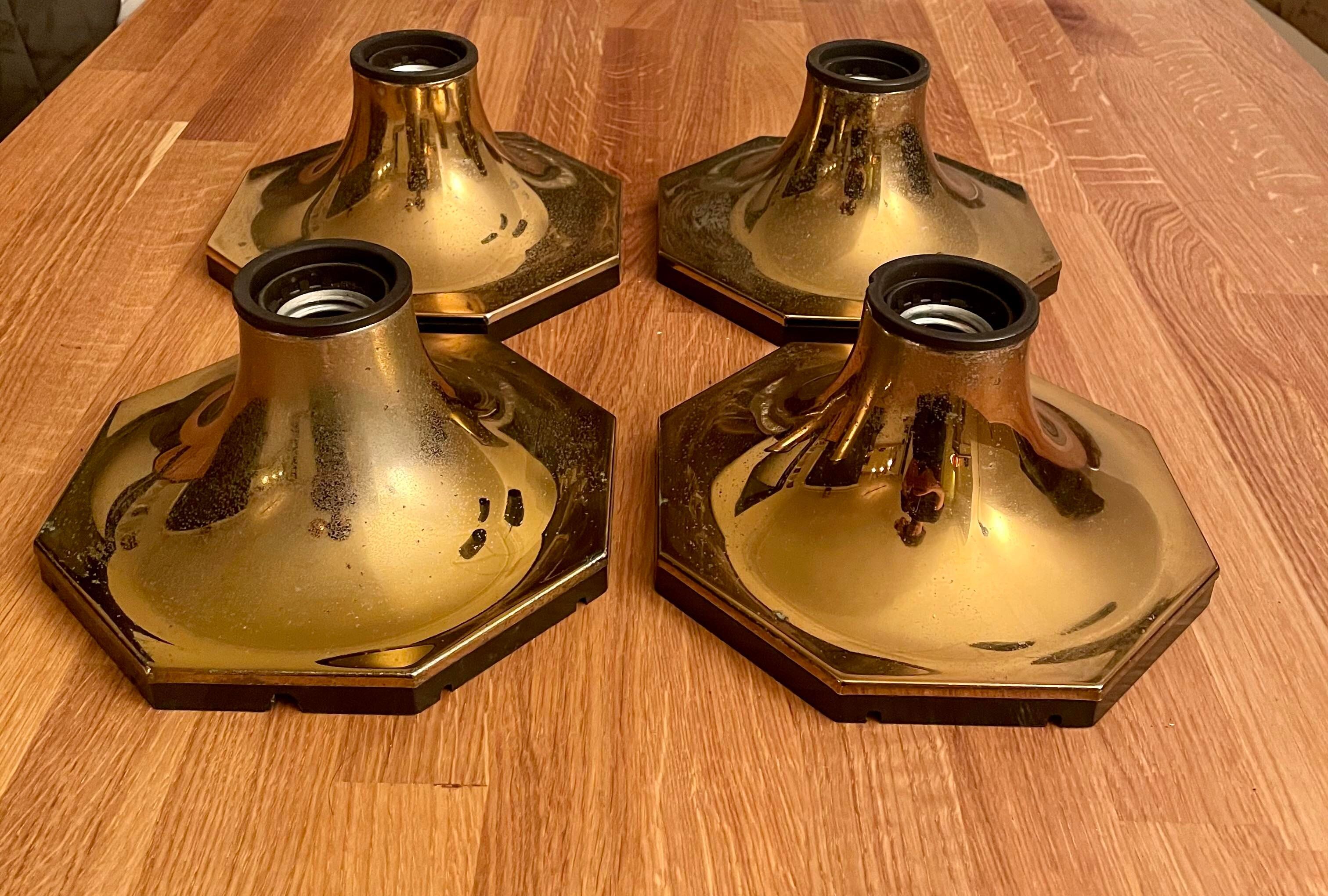 Suite of 4 vintage brass wall lamps, ceiling lights, by Motoko Ishii for Staff Leuchten 1970