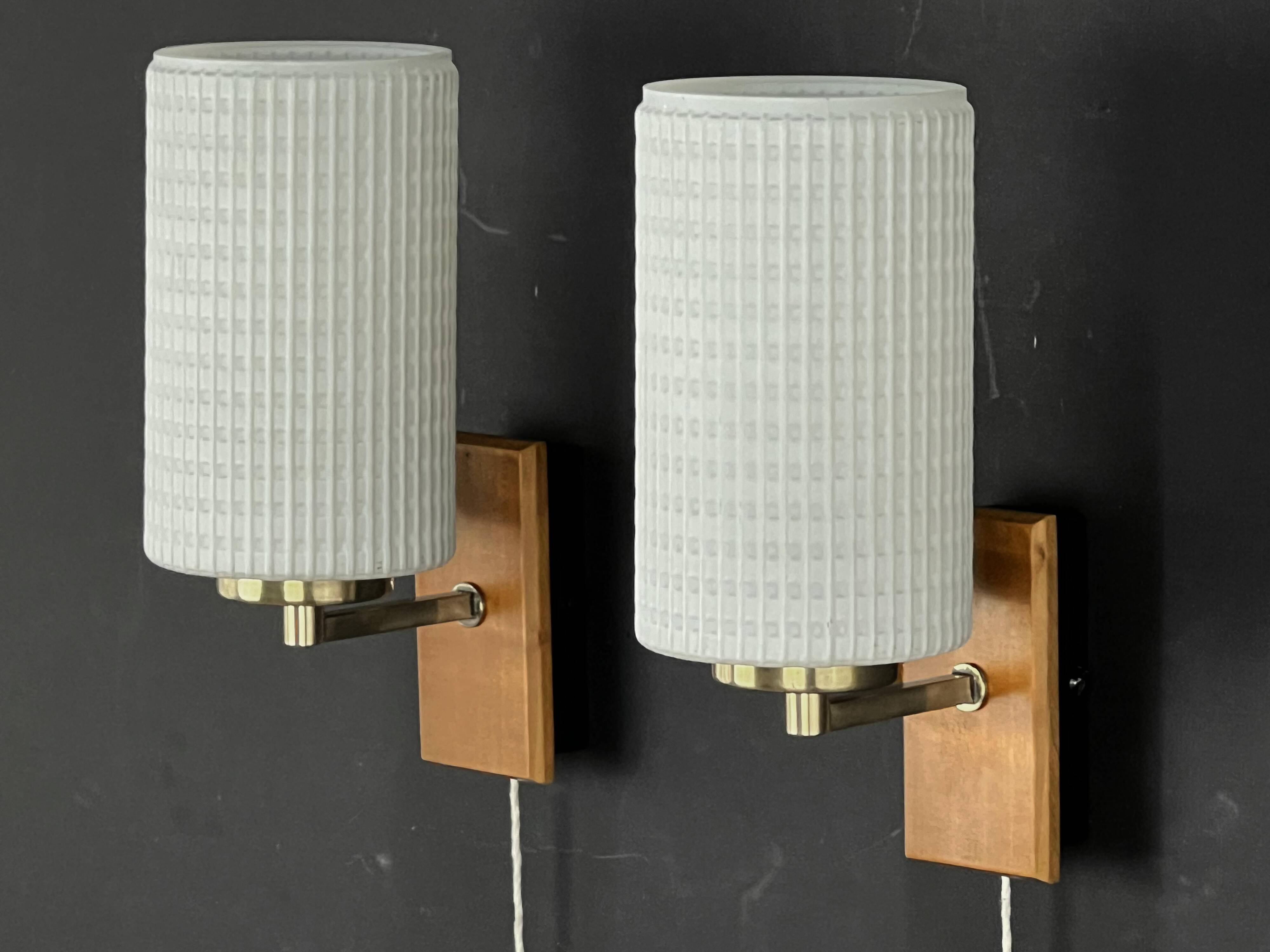 Pair of Scandinavian Wall Lights - Opaline Brass Wood - 50's 60's