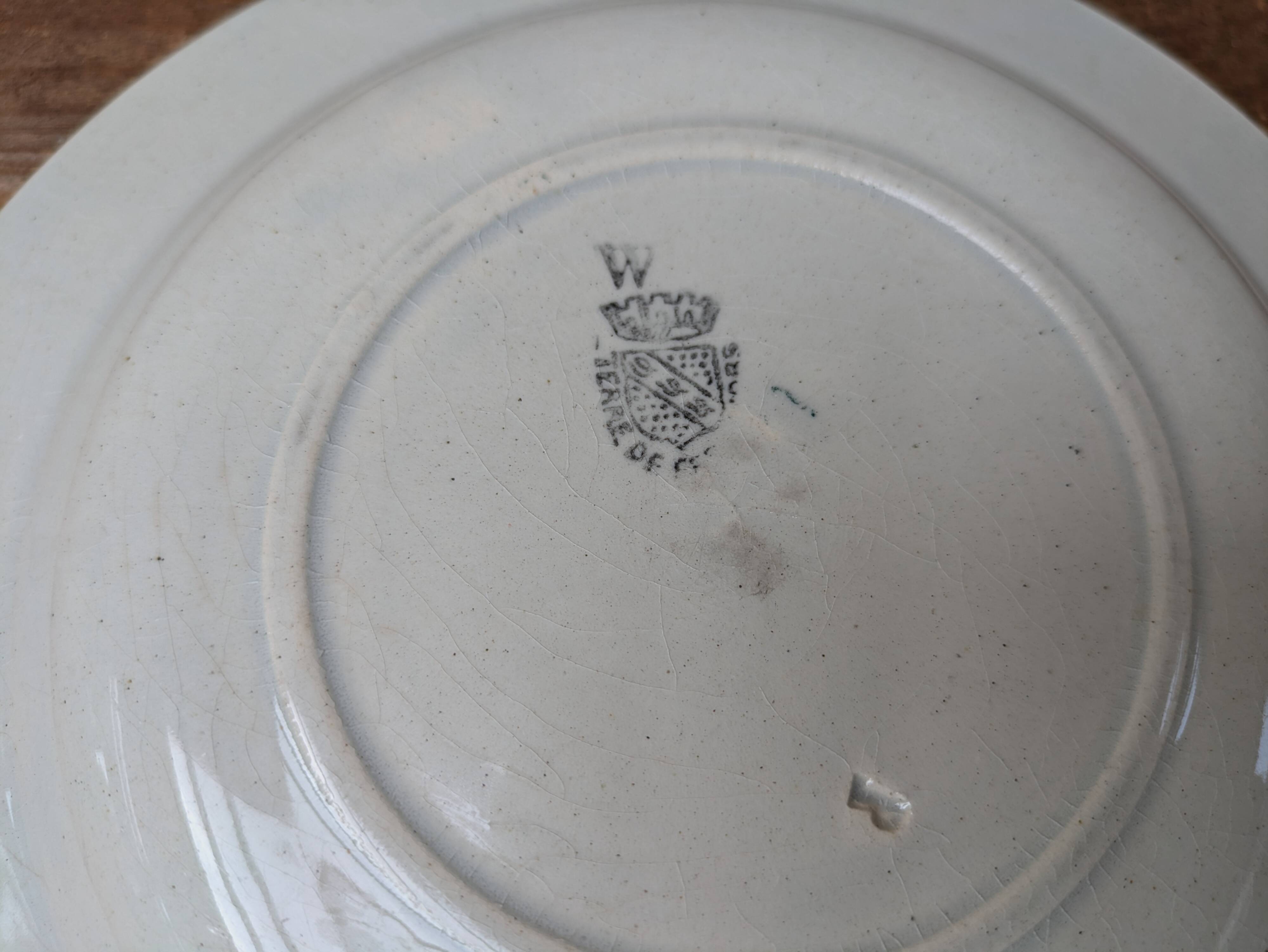 Old deep iron earth plate with blue flower pattern
