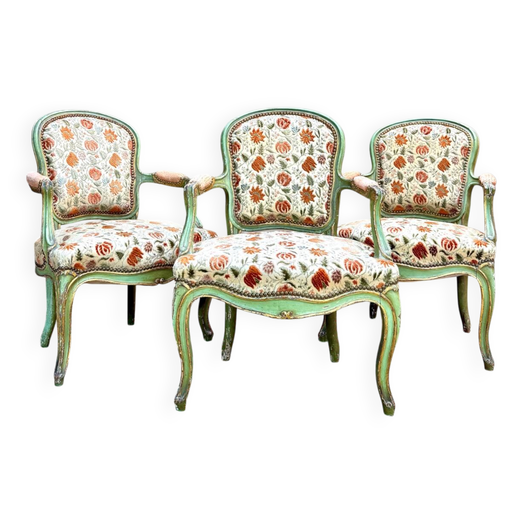 Set of Three Louis XV Style Lacquered Wood Armchairs, 19th Century