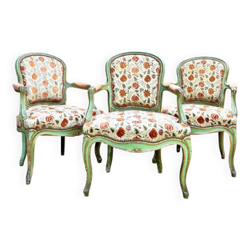 Set of Three Louis XV Style Lacquered Wood Armchairs, 19th Century