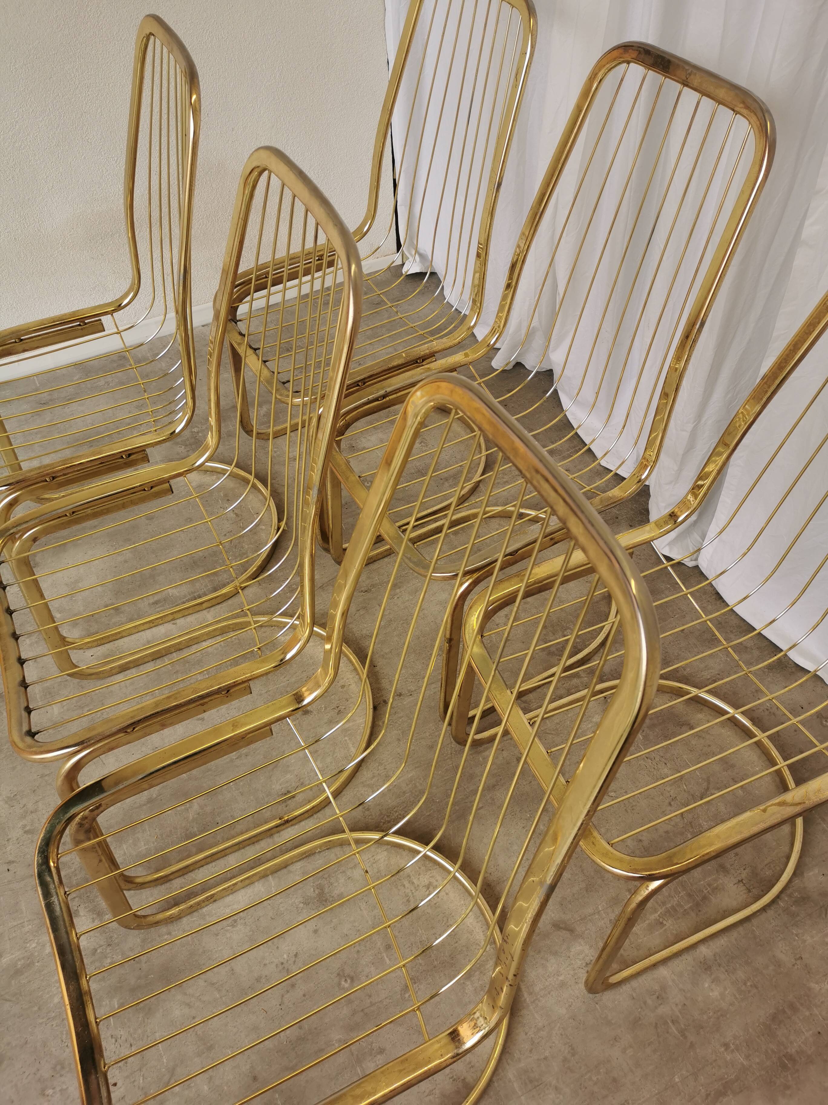 Set of 6 Vintage Gold Chrome Dining Chairs: Italian Mid-Century Design